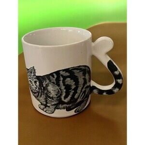 Kitty Cat Tail Handle Coffee Cup Mug Gray Striped Kitten Vintage Retro Cute Rare
